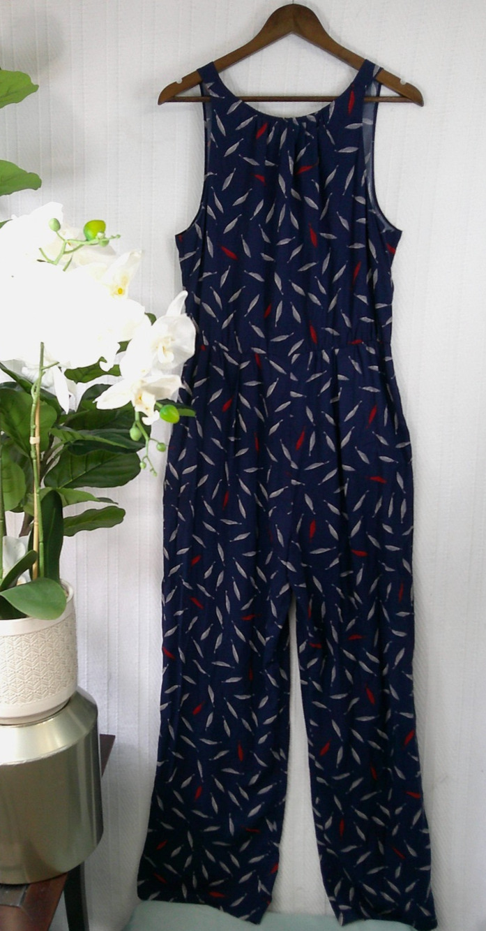 Maison Jules -Size Large Navy Blue Feather Print Sleeveless Jumpsuit